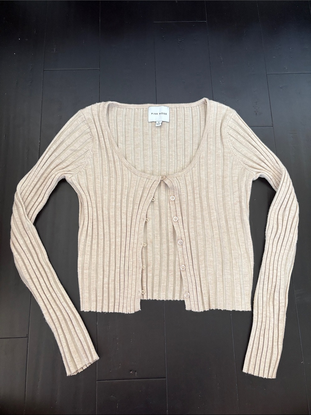 Pink Rose Beige Ribbed Scoop-Neck Button Cardigan